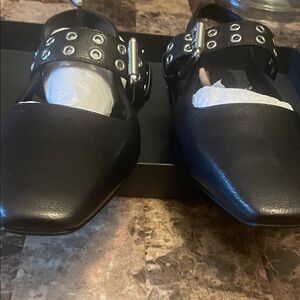 Rag & Bone Black Leather Mules with Silver Accents
